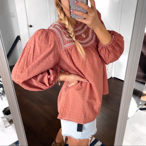 π MAX STUDIO BOHO TAUPE FLORAL EMBROIDERED LOOSE TOP! - Picture 3 of 13